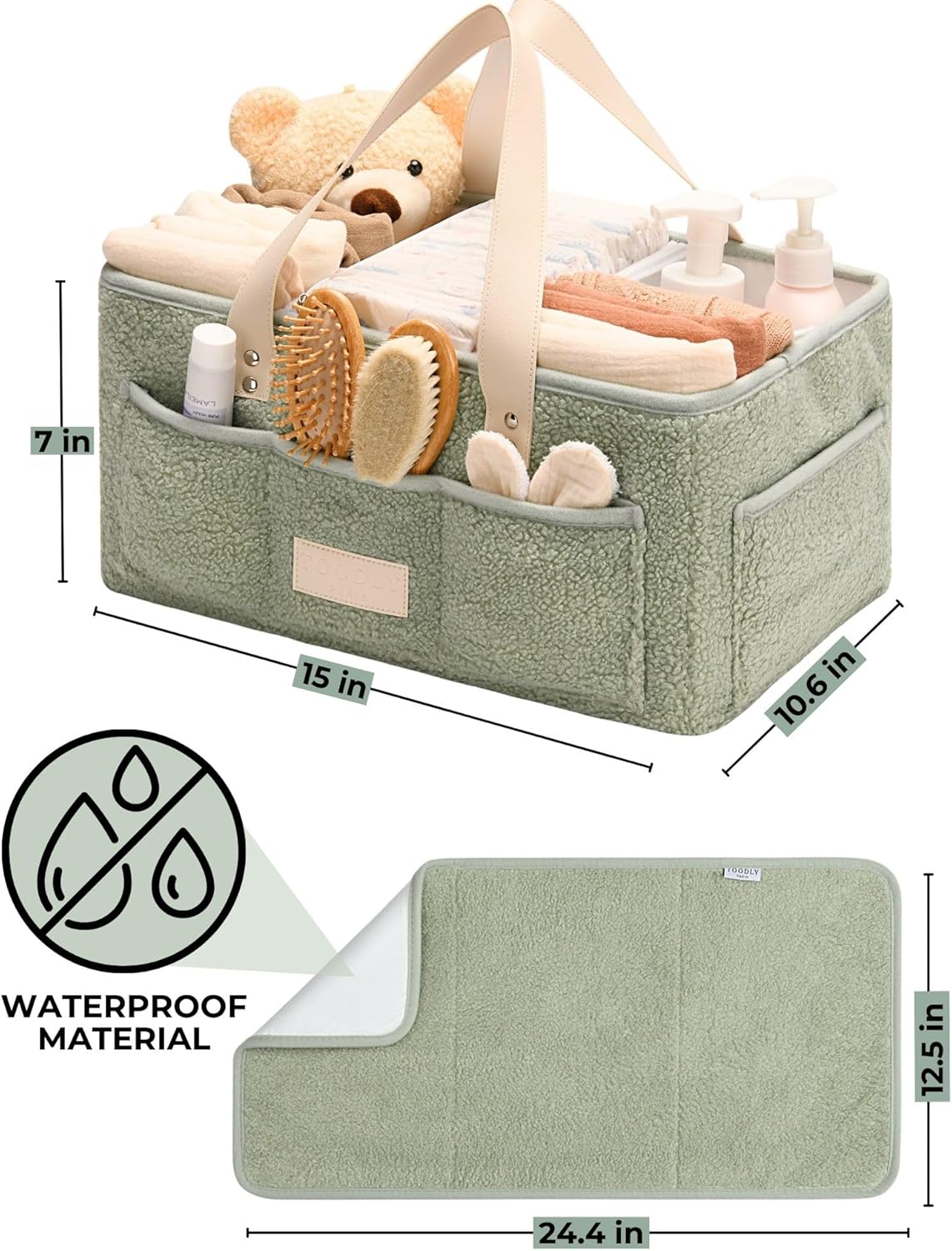 Baby Diaper Caddy Organizer with Portable Changing Mat - Teddy Fleece Diaper Organizer for Changing