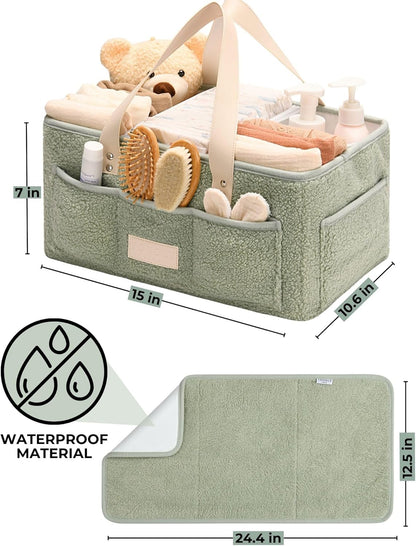 Baby Diaper Caddy Organizer with Portable Changing Mat - Teddy Fleece Diaper Organizer for Changing