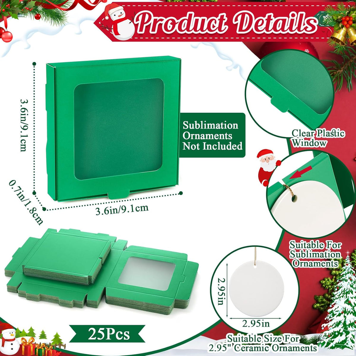 25 Pcs Sublimation Ornament Blanks Box 3.6"x3.6"x0.7" Christmas Ornaments Holder Ceramic Discs