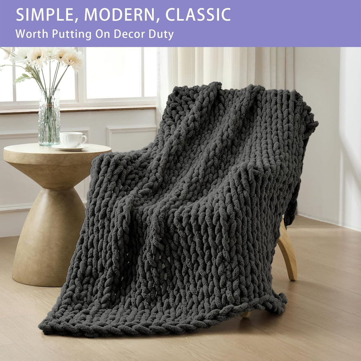 Bigacogo Chunky Knit Throw Blanket for Couch, 40x60 inches, 100% Hand Knitted with Thick Jumbo
