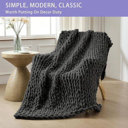 Bigacogo Chunky Knit Throw Blanket for Couch, 40x60 inches, 100% Hand Knitted with Thick Jumbo