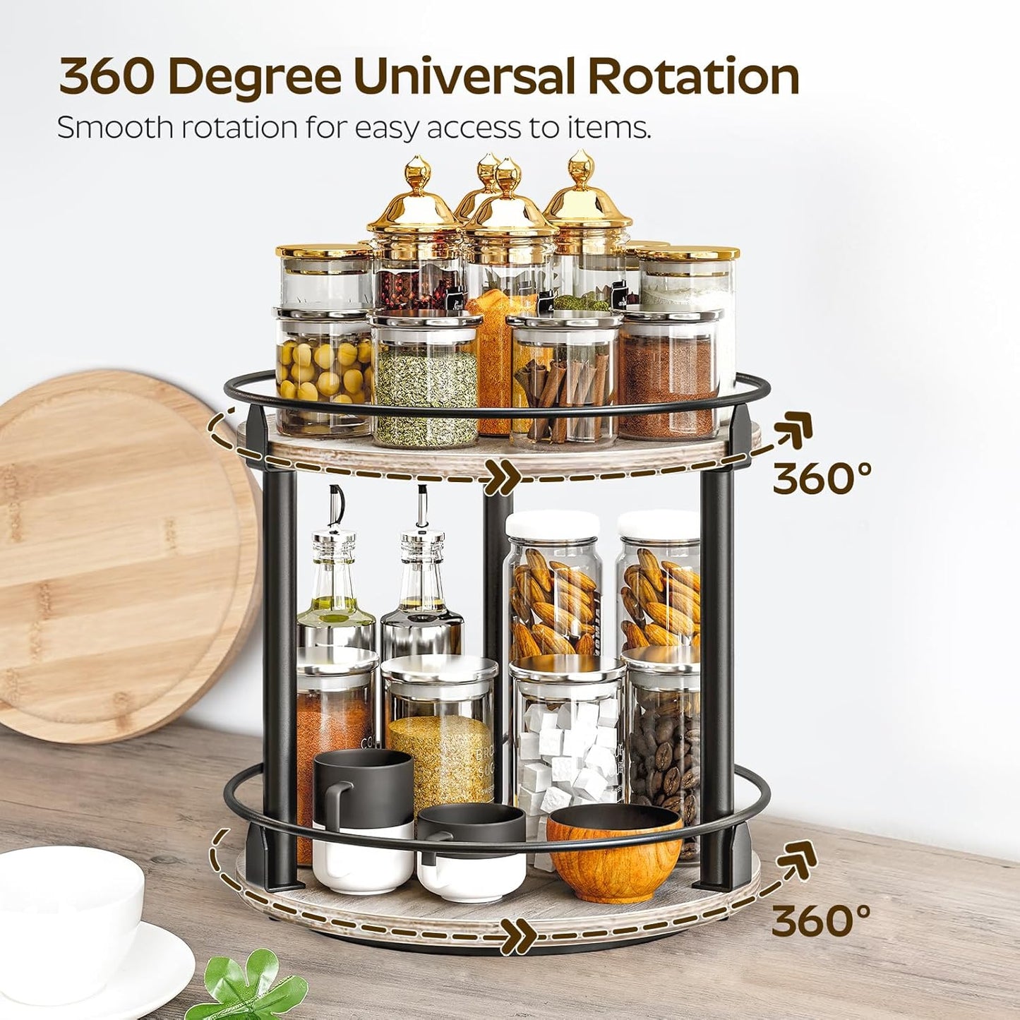 Lazy Susan Organizer, Rotating Spice Rack, 2 Tier Spice Turntable Organizer, Industrial Turntable