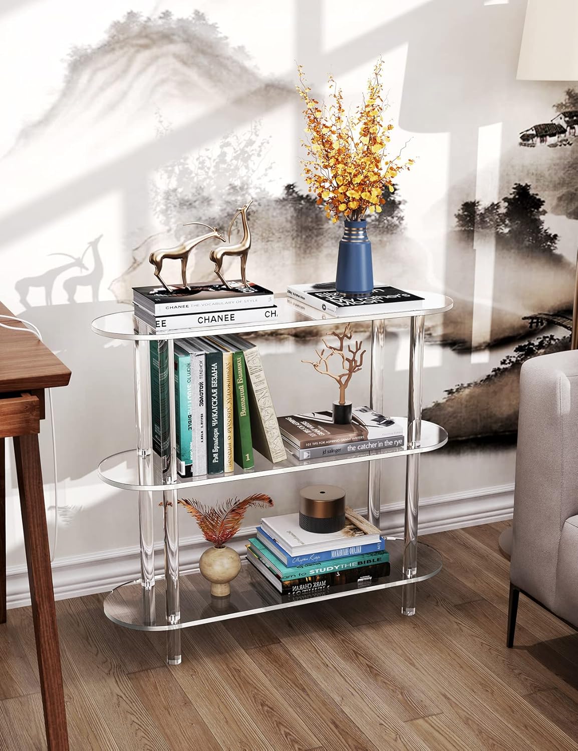 Clear Bookshelf, Acrylic Bookcase with Open Book Shelf Console Table for Entryway Office Living