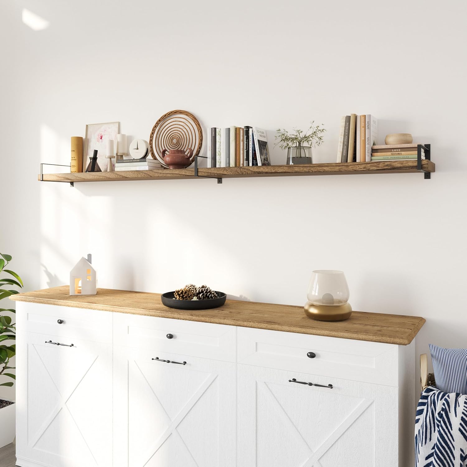 Wallniture Toledo 84 inch Floating Shelf with Heavy Duty Bookend Brackets, Wooden Shelves for Wall