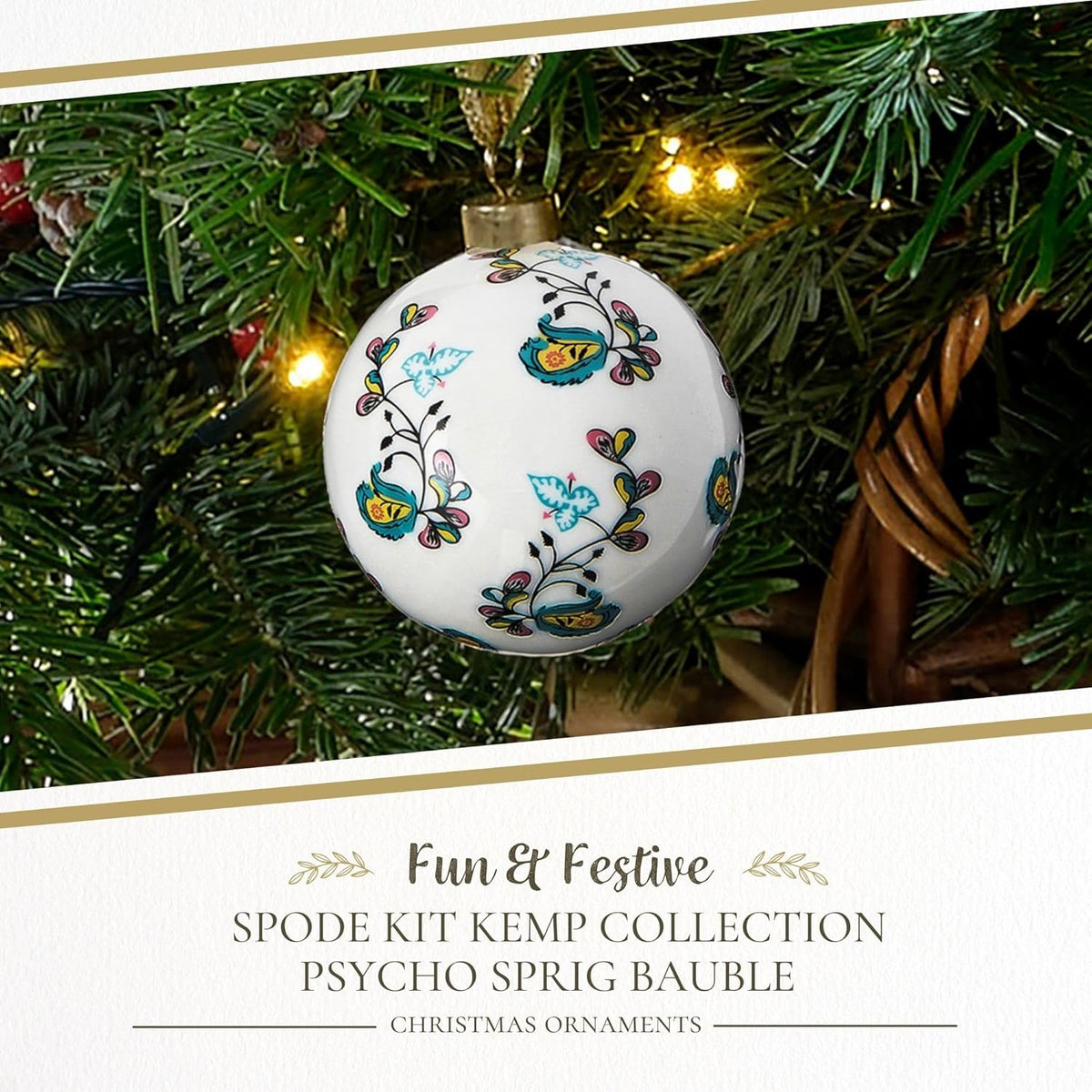 Spode Kit Kemp Psycho Sprig Yellow Bauble Christmas Bauble - Handcrafted Porcelain Festive
