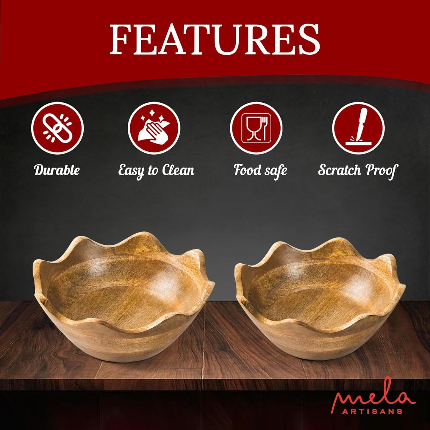 Mela Artisans Wooden Scalloped Bowl - Set of 2, Large & Medium |Mango Wood Natural Grain Finish |