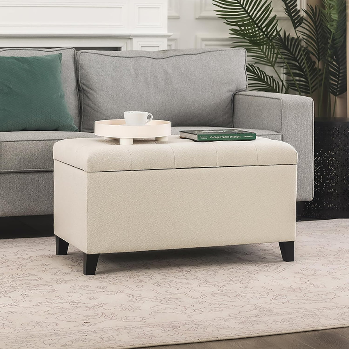 Asense Storage Ottoman Bench, Tufted Fabric Upholstered End of Bed Bench with Safety Hinge Wooden