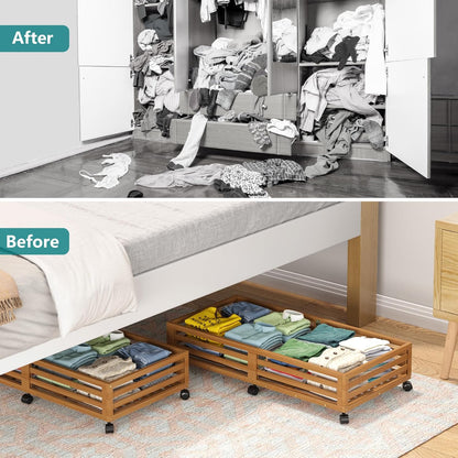 Bamboo Under Bed Storage Containers- Underbed Organizer with Wheels with Large Dust Bag,Sturdy Wood