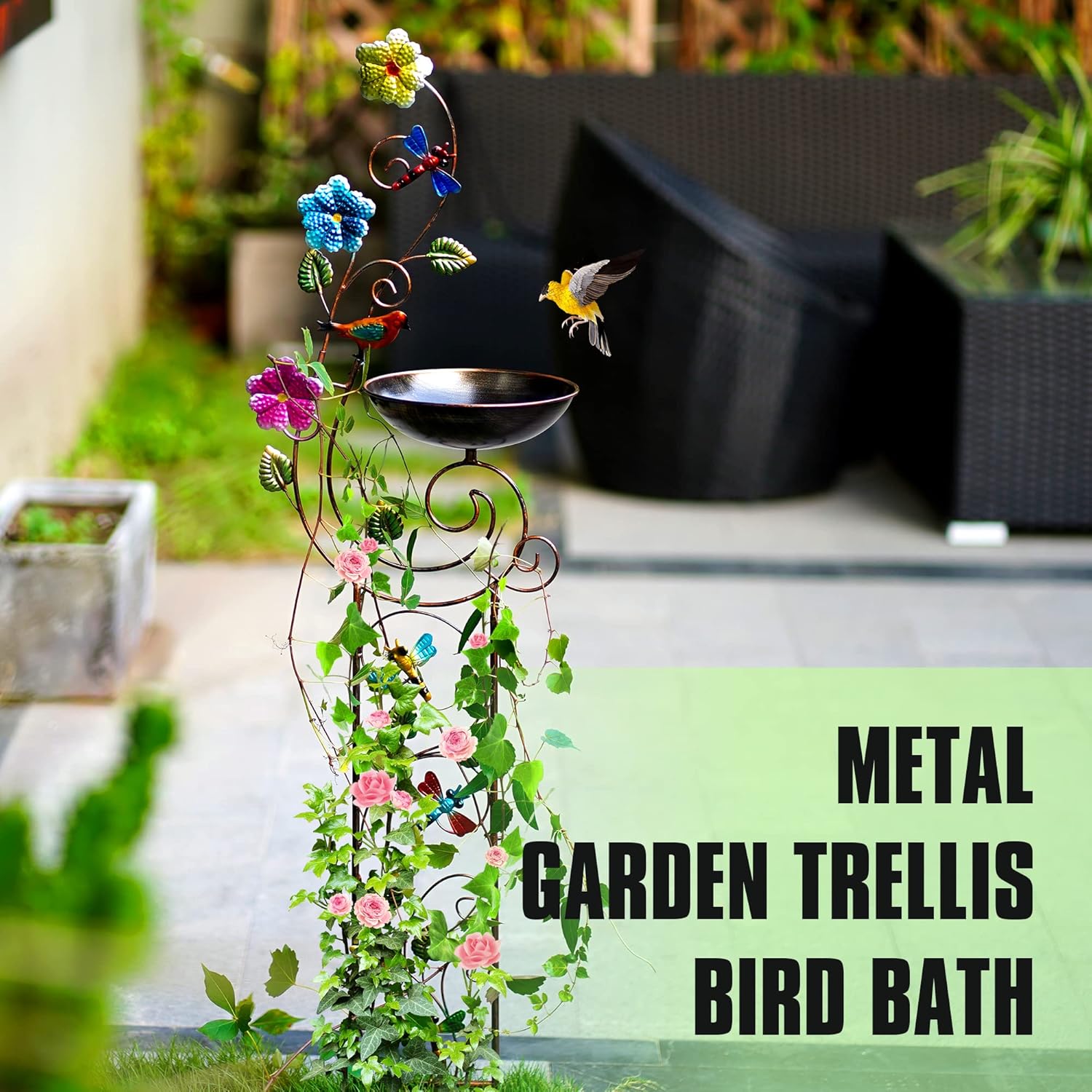 57" Height Metal Bird Bath with Trellis for Outdoor, Vintage Decorative Bird Baths, Small Garden