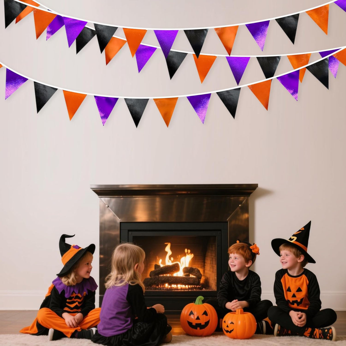Black Orange Purple Halloween Party Decorations Metallic Fabric Triangle Pennant Banner Flag