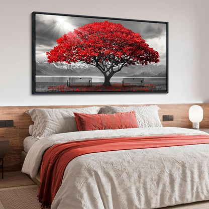 AJAZIKO Red Wall Art - Modern Framed Wall Art for Living Room - Red Tree Black and White Landscape