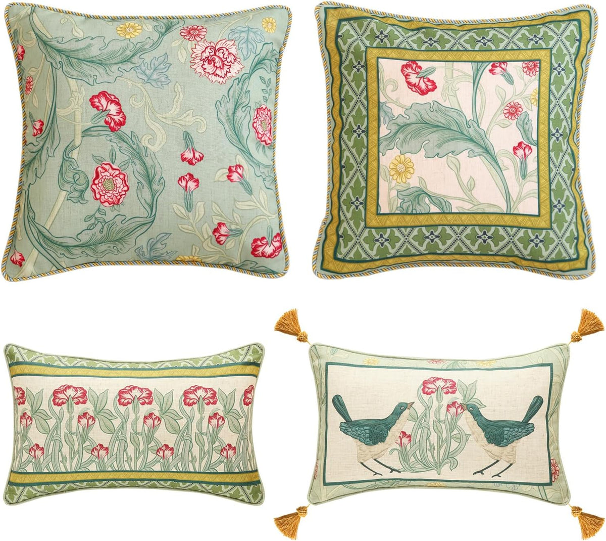 patdrea Designer Pack of 4 Throw Pillow Covers,French Vintage Rustic Linen with Green Floral