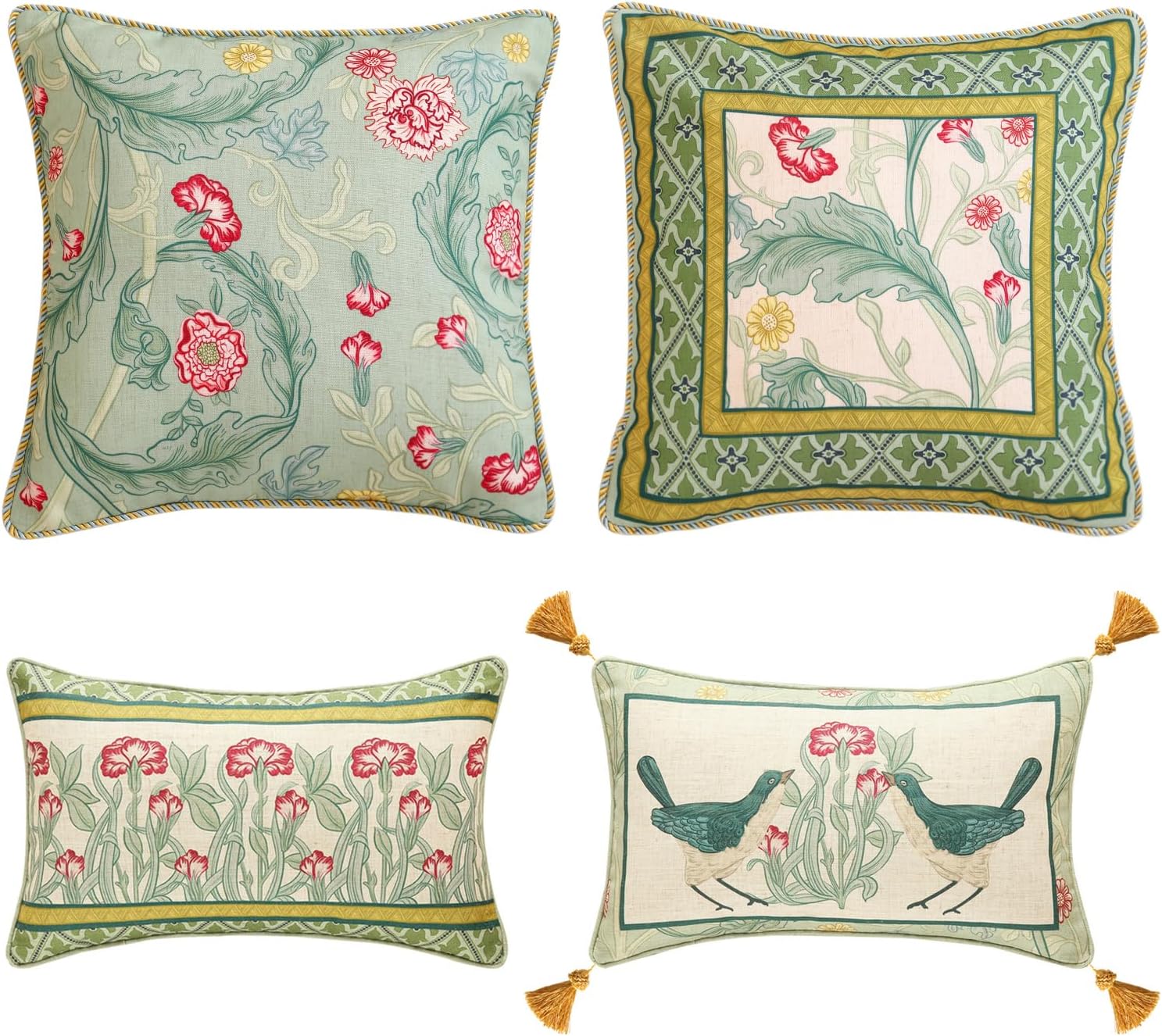 patdrea Designer Pack of 4 Throw Pillow Covers,French Vintage Rustic Linen with Green Floral