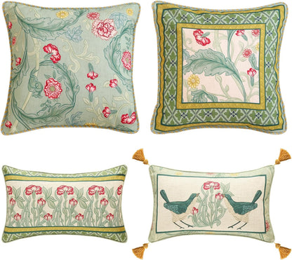 patdrea Designer Pack of 4 Throw Pillow Covers,French Vintage Rustic Linen with Green Floral