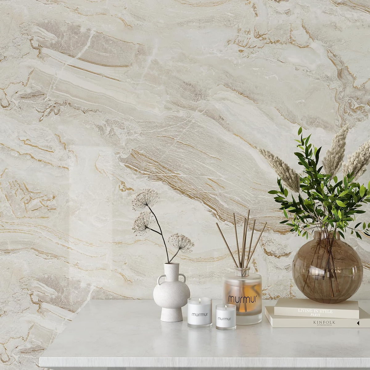 VEELIKE Glossy Beige Gold Liquid Marble Contact Paper for Countertops Waterproof Peel and Stick