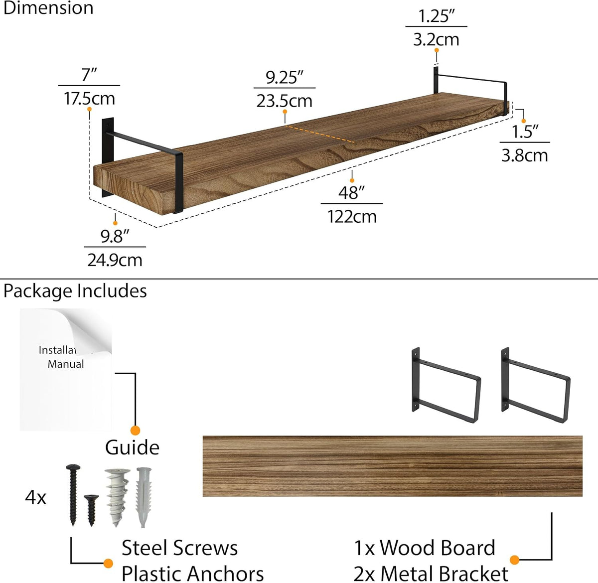 Wallniture Toledo 48 inch Floating Shelf with Heavy Duty Bookend Brackets, Wooden Shelves for Wall
