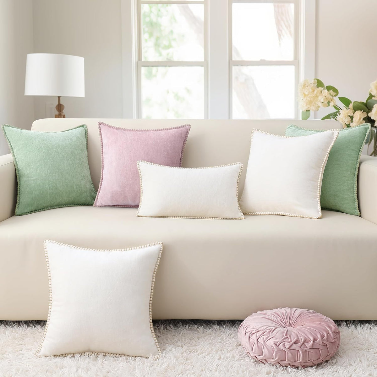 decorUhome Chenille Soft Throw Pillow Covers 18x18 Set of 2, Farmhouse Velvet Neutral Decorative