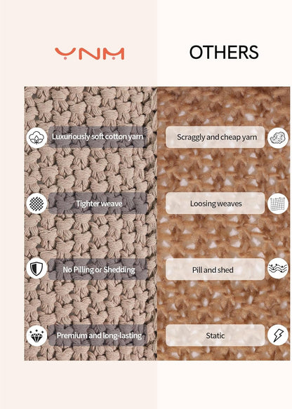 YnM Chunky Cotton Knit Throw Blanket, Cable Knit Throws for Bed Couch Sofa, Comfy & Relaxing