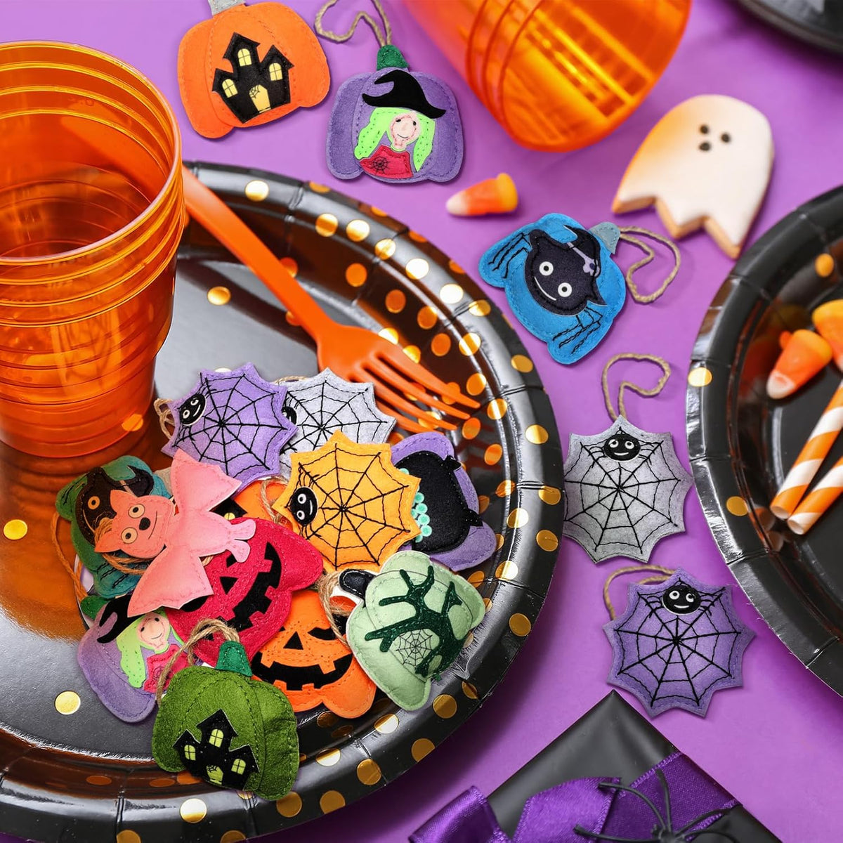 12 Pcs Halloween Felt Ornaments Spooky Pumpkin 3D Hanging Ornaments 3.15 Inch Spider Web Bat Tree
