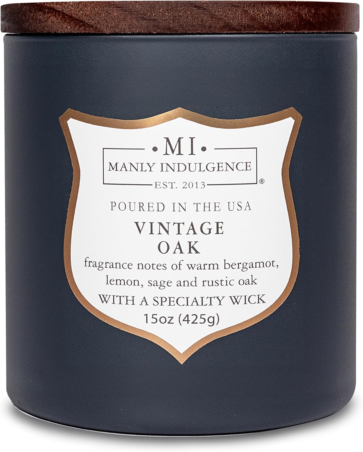 Manly Indulgence Vintage Oak Scented Candles for Men, 15 oz Wooden Wick, Premium Soy Blend Wax, 60H