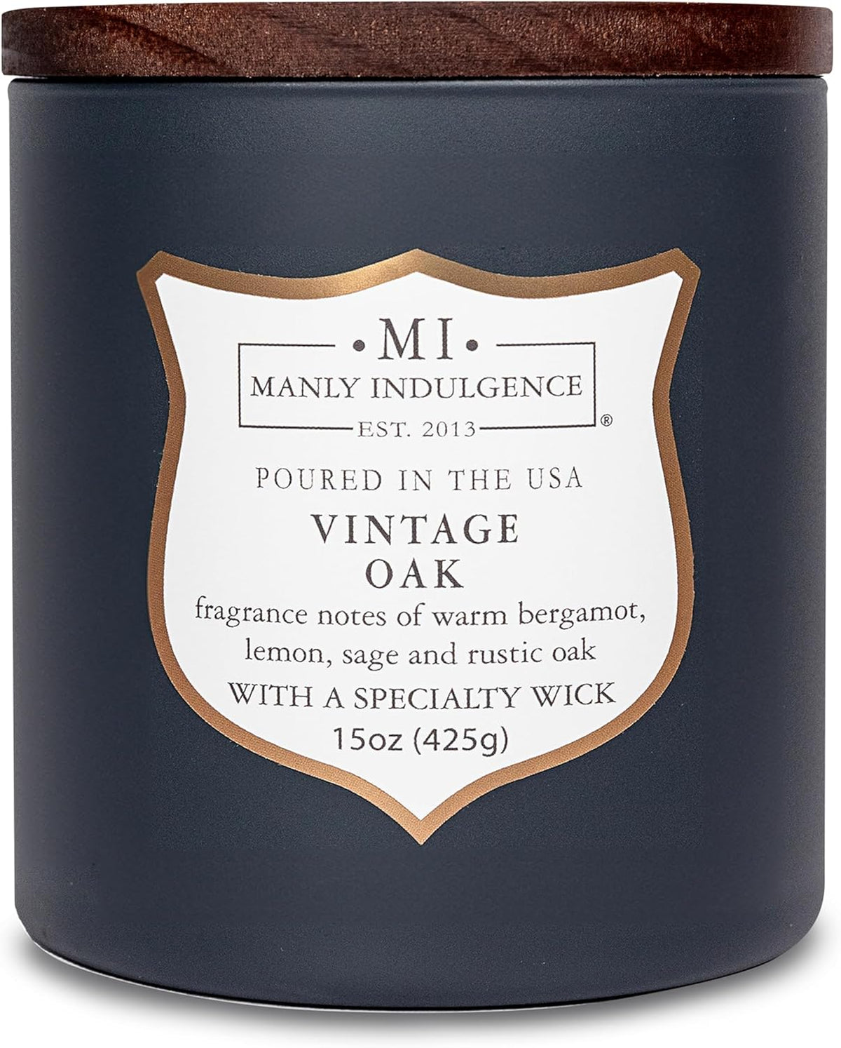 Manly Indulgence Vintage Oak Scented Candles for Men, 15 oz Wooden Wick, Premium Soy Blend Wax, 60H