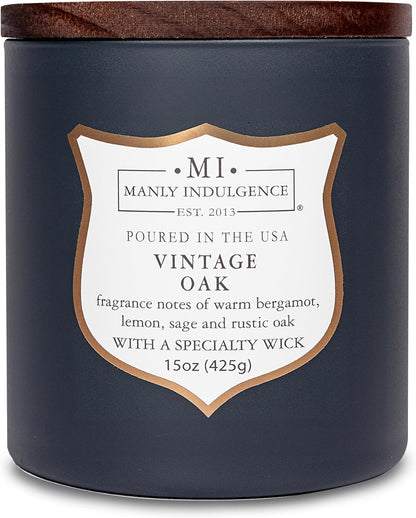 Manly Indulgence Vintage Oak Scented Candles for Men, 15 oz Wooden Wick, Premium Soy Blend Wax, 60H