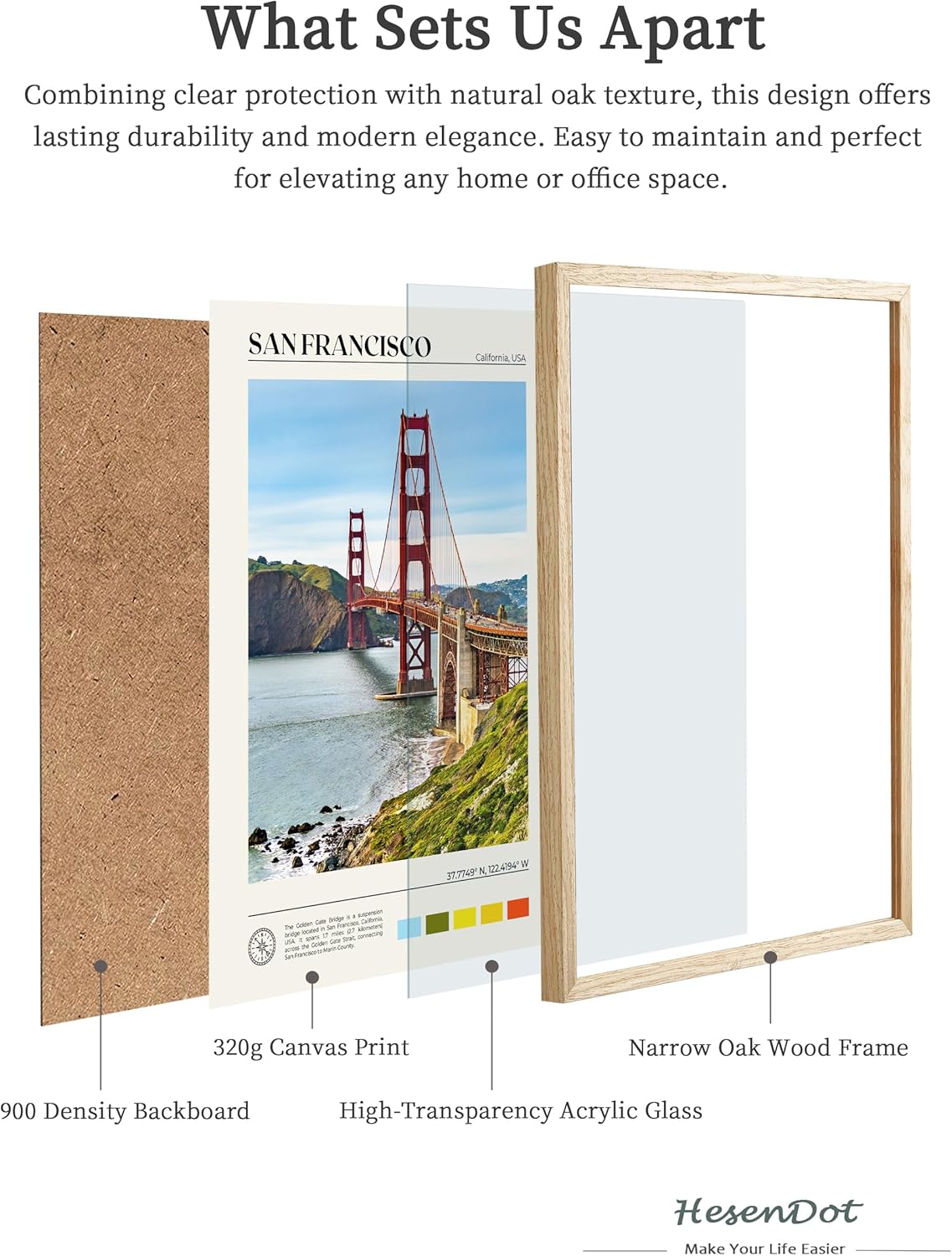 HesenDot Natural OAK Wood Golden Gate Bridge Framed Wall Art,12x16in San Francisco City Skyline