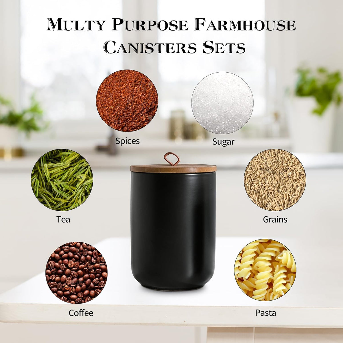 Black Ceramic Canister Set with Wooden Lid, 3-Piece Food Storage Jars for Kitchen Counter, Storage
