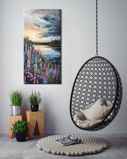 LASMOND Beautiful Colorful Grassland by Riverbank Landscape Wall Art Decor Artwork for Bedroom