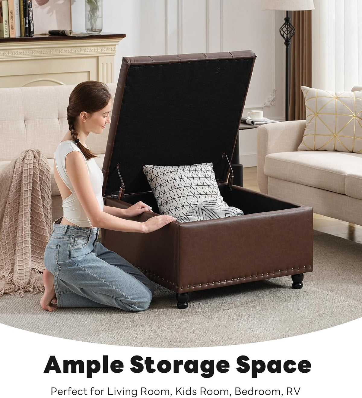 Tbfit Large Square Storage Ottoman Bench, Button Tufted Upholstered Coffee Table Ottoman with