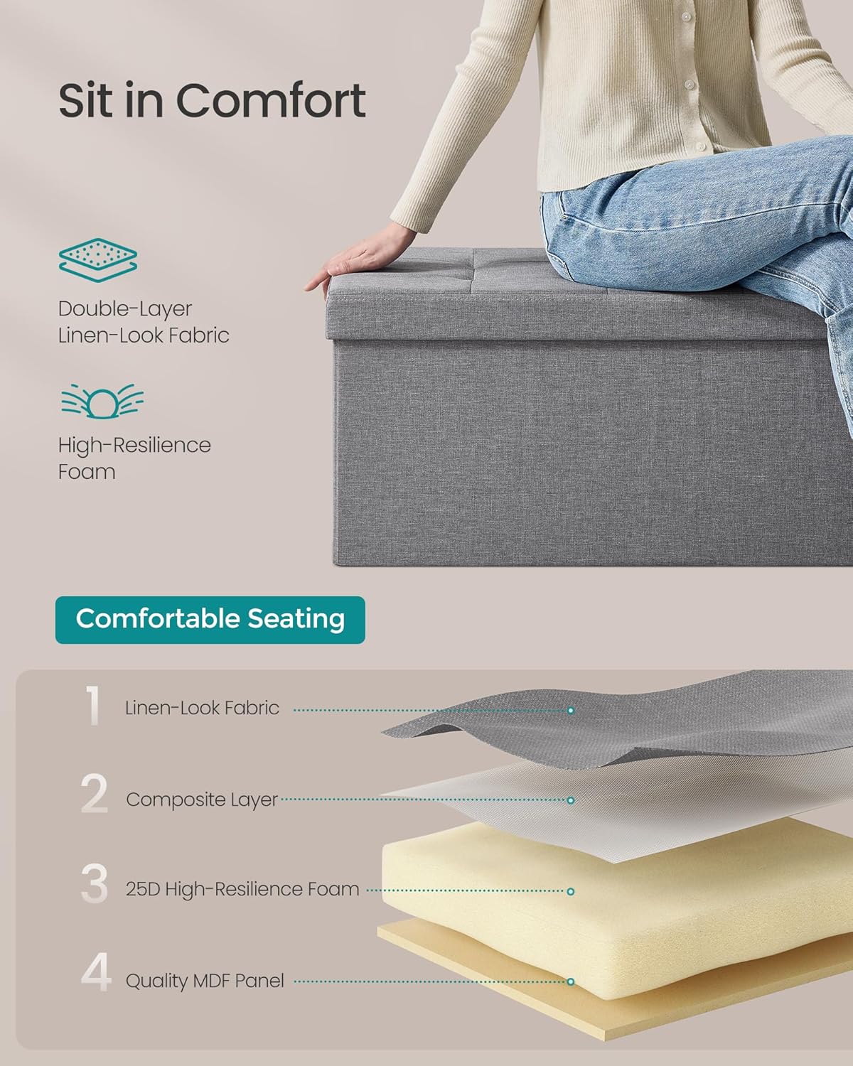 SONGMICS MAZIE Collection - 30 Inches Folding Storage Ottoman Bench, Ottoman Foot Rest, End of Bed