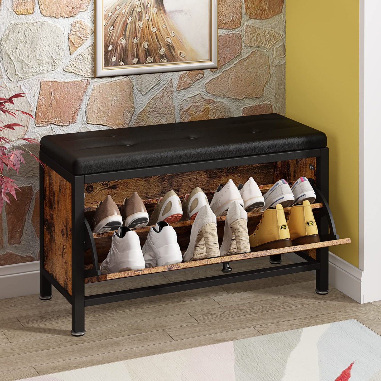 Mostmahes 8-10 Pairs Shoe Storage Bench with Hidden Shoe Rack, Entryway Bench Seat with Shoe