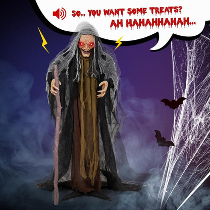 AW Animated Halloween Decorations,Scary Witch with Crutch,5.3FT Life Size Standing