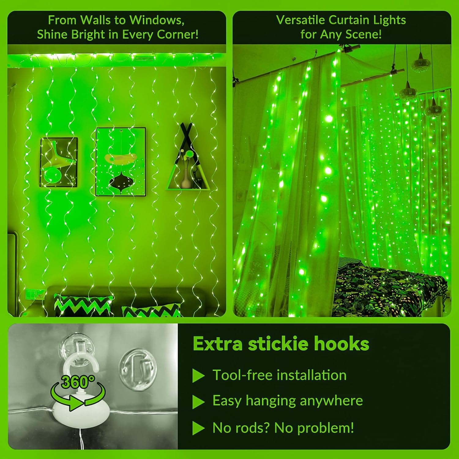 HXWEIYE 300LED Green Fairy Curtain Hanging Lights with Remote 8 Modes Timer for Bedroom, 9.8x9.8Ft