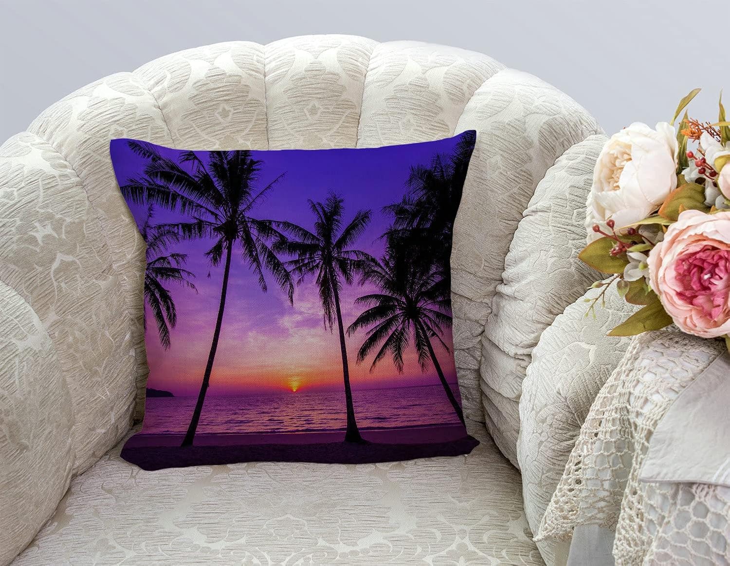 TSSOHU Sunset Beach Pillow Cover 18x18 Inch Tropical Palm Tree Landscape Cotton Linen Cushion Cover