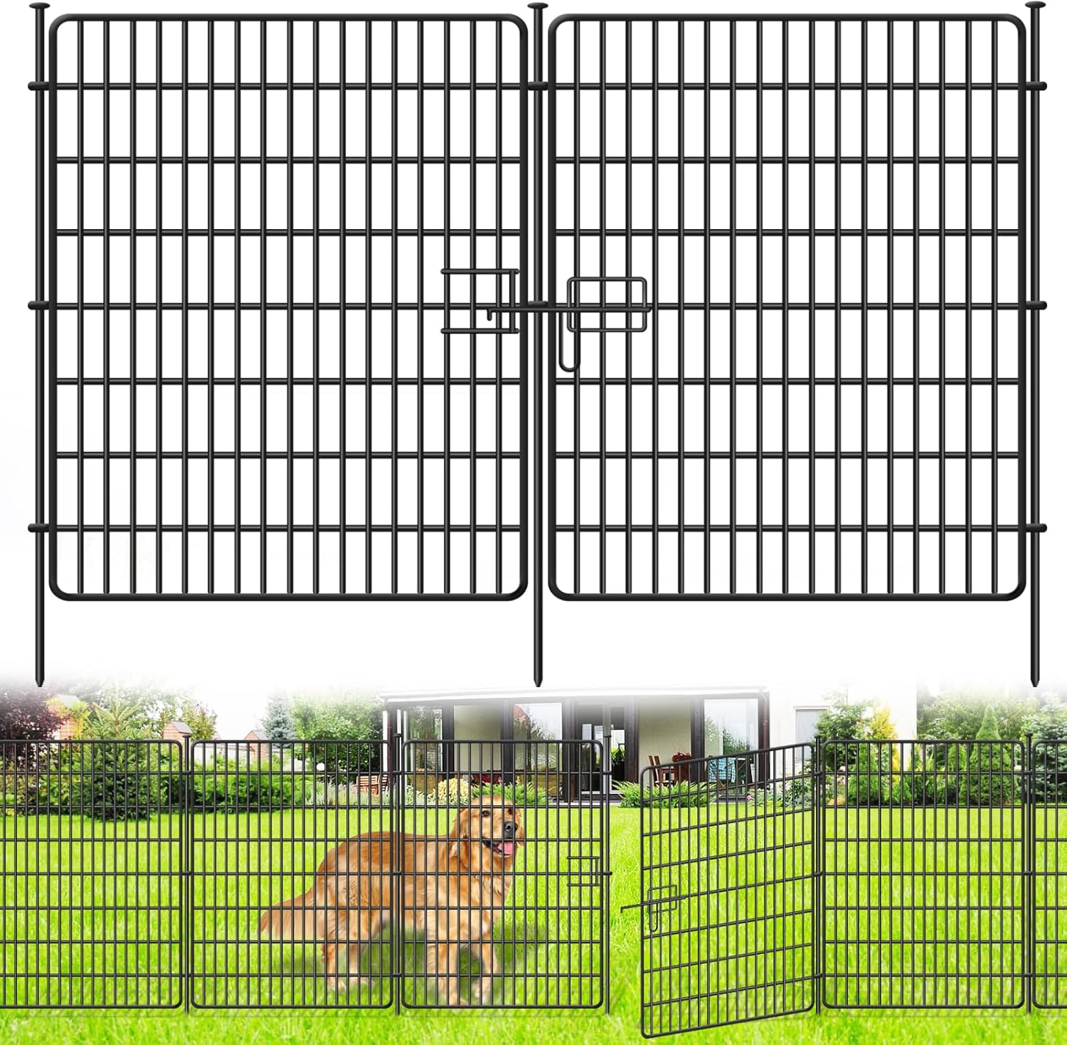 10 Panels No Dig Fence with Gate, 32 in(H) X 24 ft(L) Garden Decorative Fence Animal Barrier for