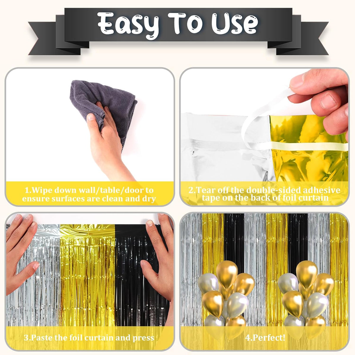 3 Pack 3.3 x 8.2 ft Black Gold Silver Foil Fringe Backdrop Curtains, Tinsel Streamers Party