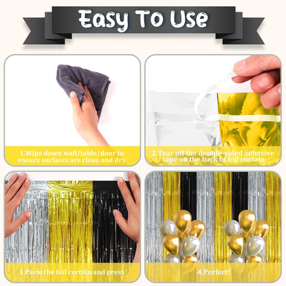 3 Pack 3.3 x 8.2 ft Black Gold Silver Foil Fringe Backdrop Curtains, Tinsel Streamers Party