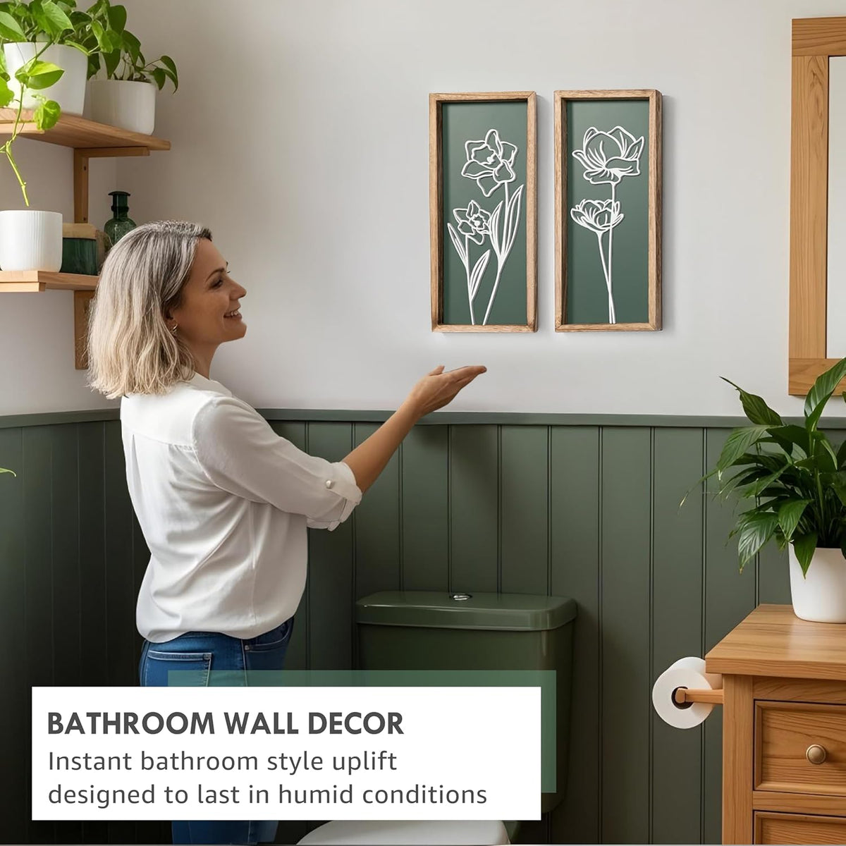 3D Floral Green Wall Art (Set of 2) Lightweight, Wooden Ready-to-Hang Boho Framed Wall Art for