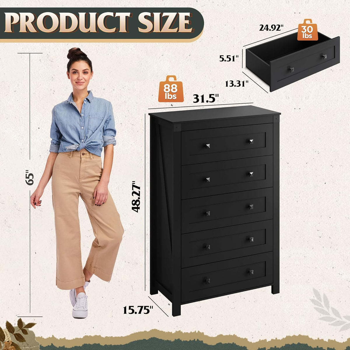 WLIVE Farmhouse 5 Drawer Dresser for Bedroom, Wood Dresser Storage Organizer, Tall Black Dressers