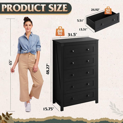 WLIVE Farmhouse 5 Drawer Dresser for Bedroom, Wood Dresser Storage Organizer, Tall Black Dressers