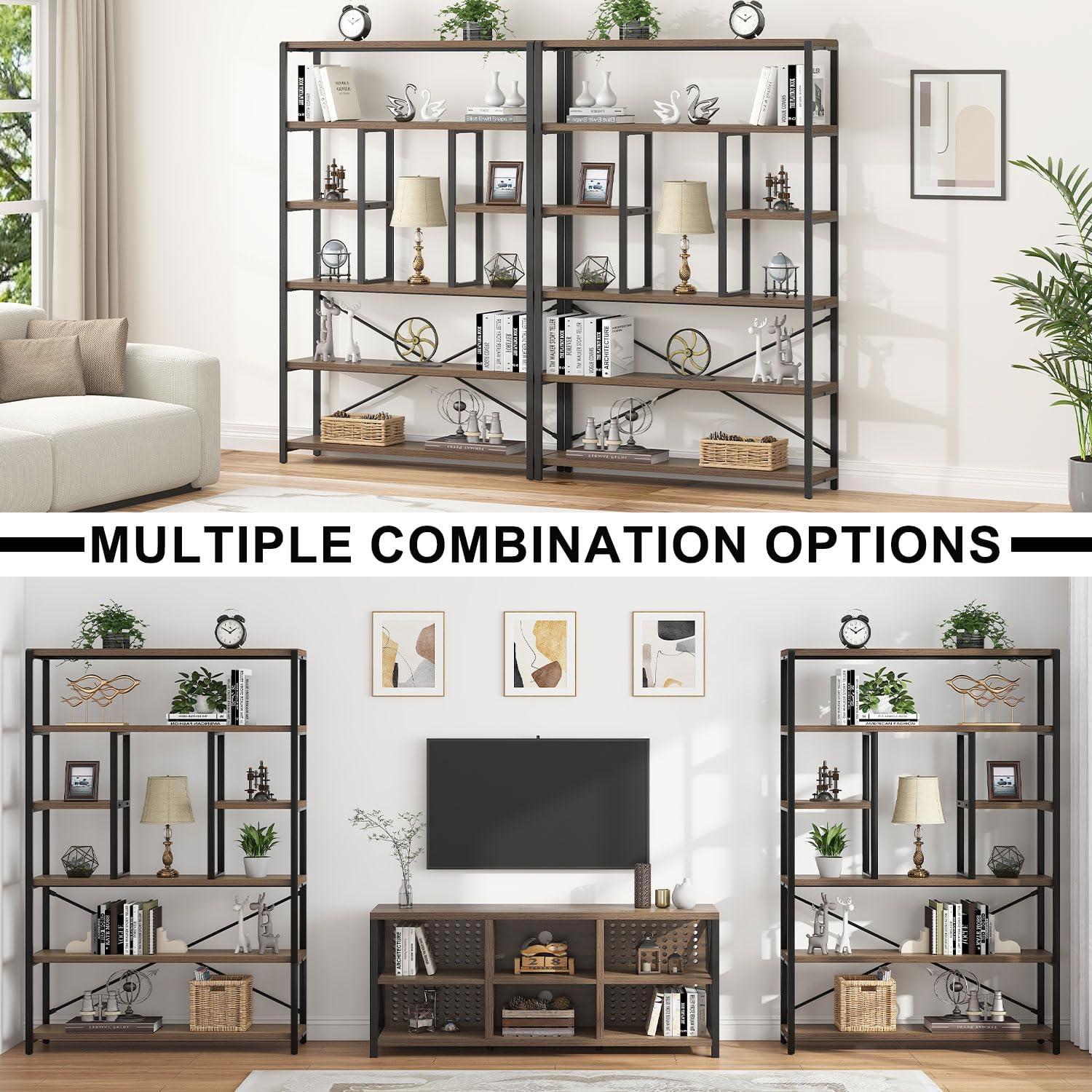 LVB Tall Industrial Etagere Bookcase, Modern Wood Large Open 6 Tier Bookshelf, Vintage Wide Metal