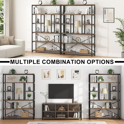 LVB Tall Industrial Etagere Bookcase, Modern Wood Large Open 6 Tier Bookshelf, Vintage Wide Metal