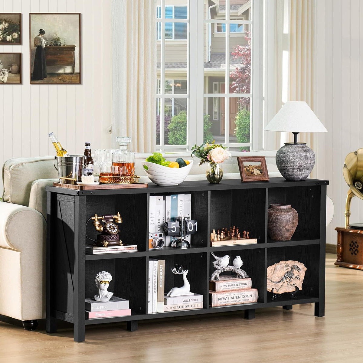 8 Cube Book Shelf, Farmhouse Wood Long Storage Organizer Bookcase, 62" Horizontal Black Console