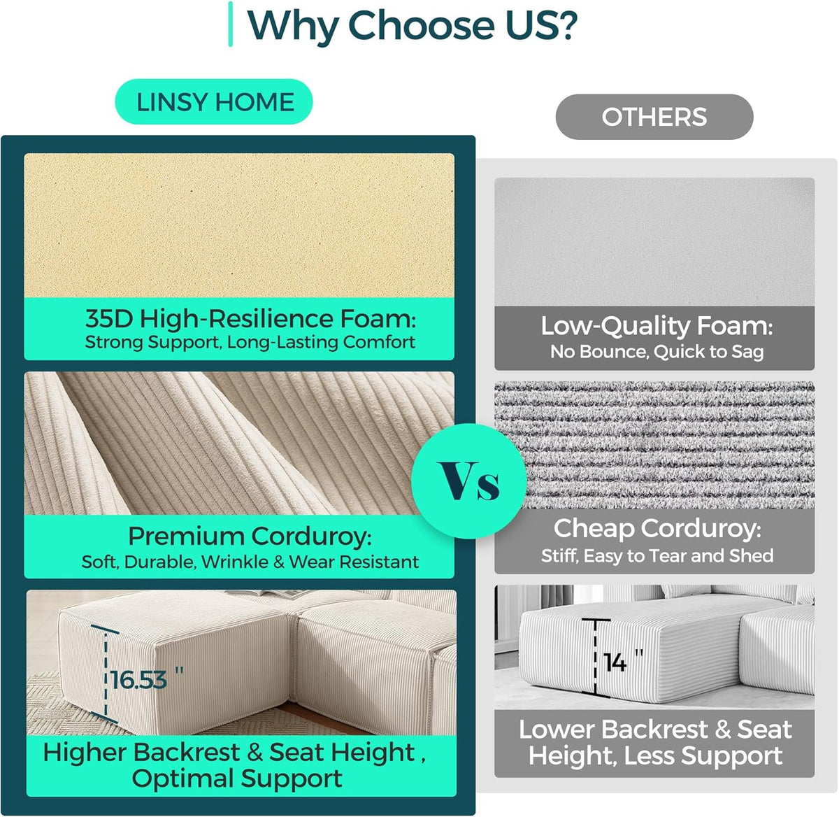 LINSY HOME Modular Sectional Sofa, 105" Boneless Couch L Shaped 3-Seat Sofa with Movable Ottoman