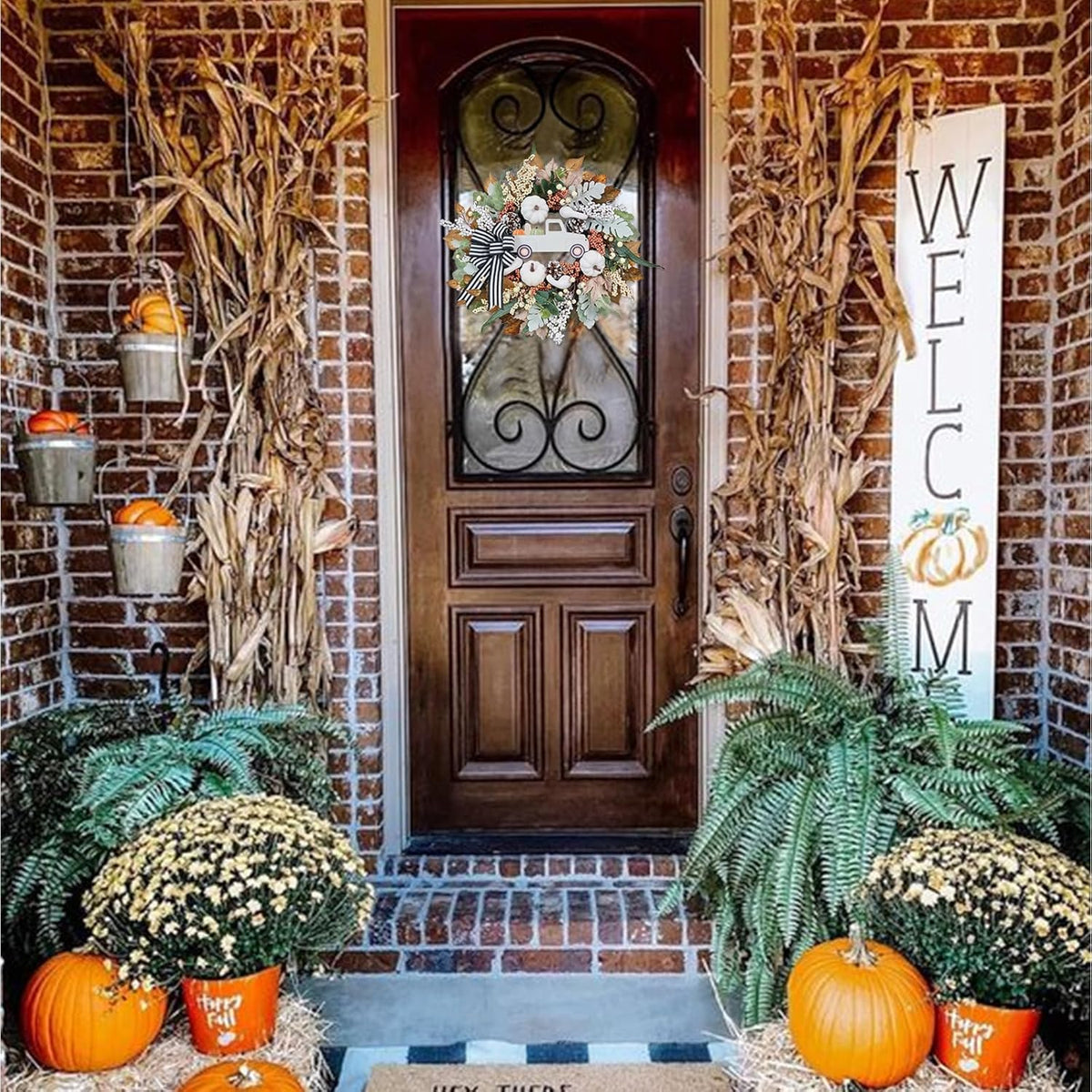 Fall Wreath for Front Door,20 inch White Pumpkin Door Wreath with Truck and Bow, Harvest Porch