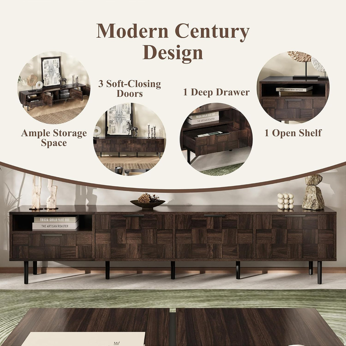 Modern TV Stand for TVs up to 85", Mid-Century Media Console with Checkered Cabinet Doors, Storage