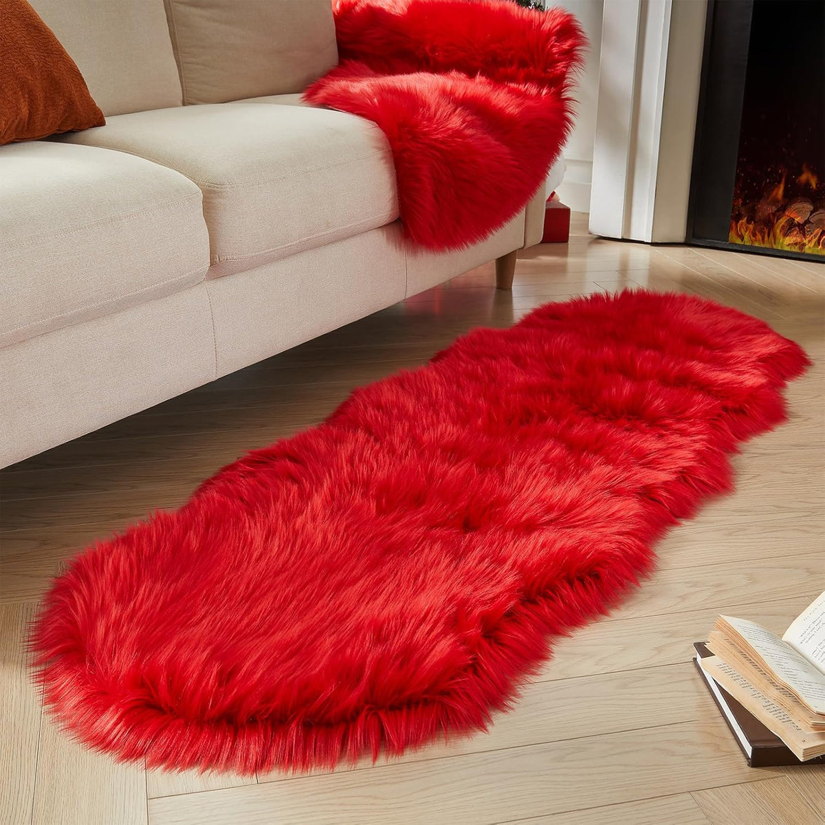 AMTOVO Faux Sheepskin Rug, Red Ultra Soft Fluffy Shag Area Rug, 2 x 6 ft Faux Fur Rug for Bedroom