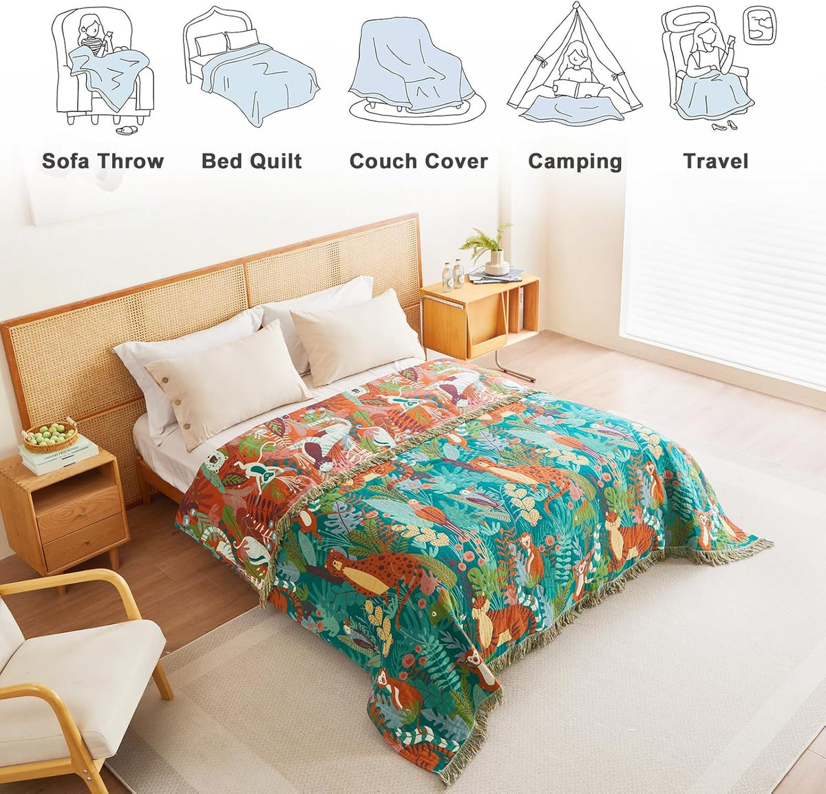 MSGKV Throw Blanket for Couch Bed Cotton Muslin Breathable Animals Twin Size Blanket 60"x80" for