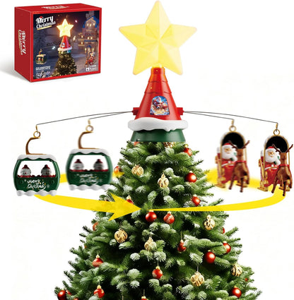 Musical Rotating Christmas Tree Topper with LED Star Light, Santa Sleigh and Cable Car Decorations